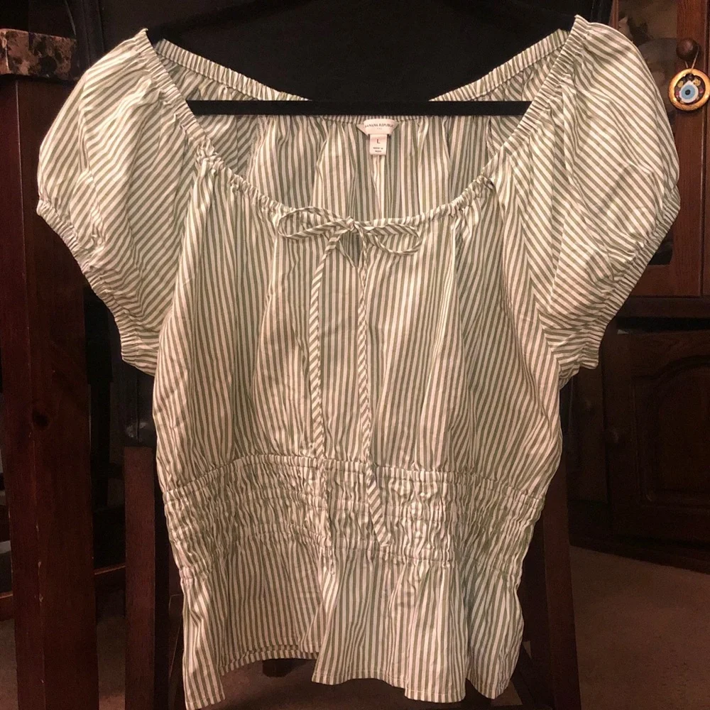 Banana Republic Green and White Striped Puff Sleeve Peasant Blouse